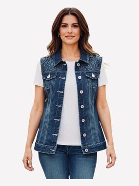 Women's Studded Sleeveless Blue Jean Denim Jacket, Silver Buttons, Baccini Sz M